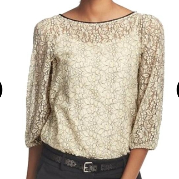 Ann Taylor LOFT Beige Black Lace See-Through Blouse Top Size Women Small Petite - Picture 3 of 13